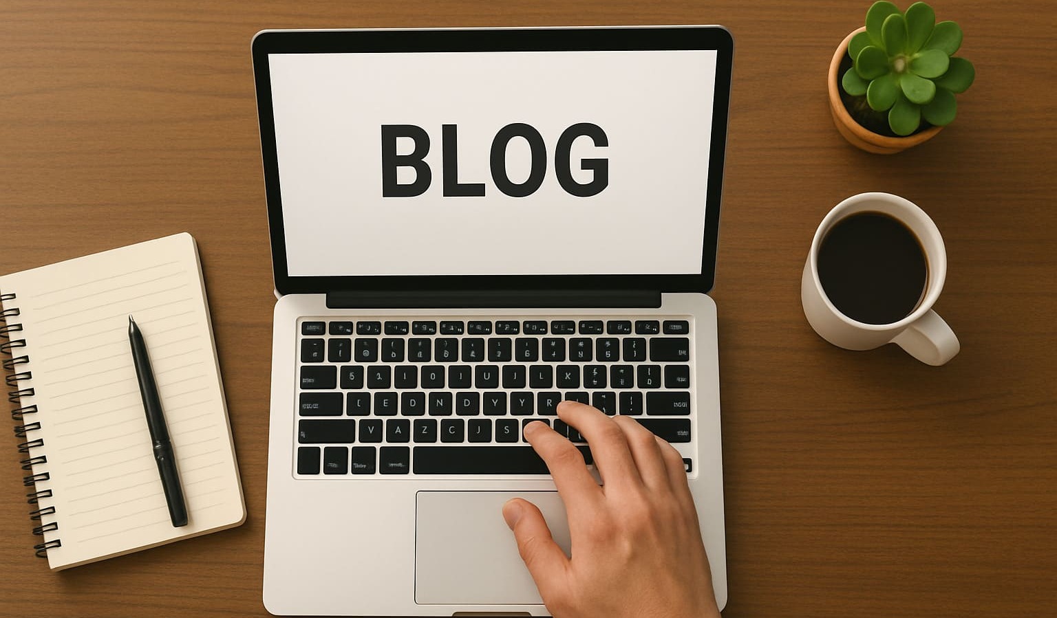 [Computador em cima de uma mesa com blog escrito na tela, uma xicara de café, um bloco de anotação e um vaso de planta]
