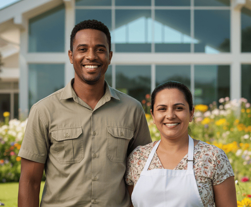 [Imagem de um casal de caseiros sorrindo]