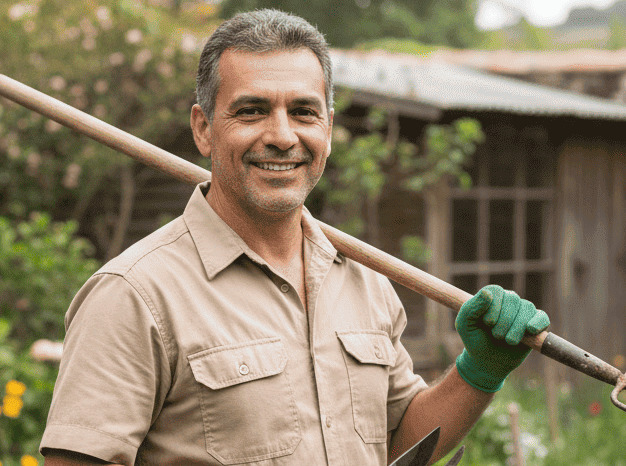 [Imagem de um caseiro em um jardim segurando um garfo de pegar mato]