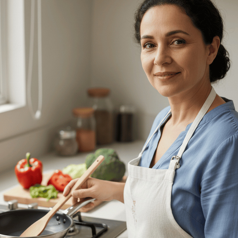 [Imagem de uma cozinheira preparando alimentos]