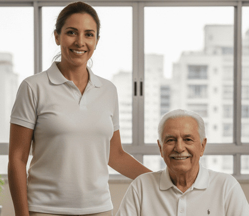 [Imagem de um cuidador auxiliando um idoso]