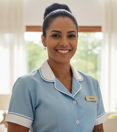 [Imagem de uma empregada doméstica sorrindo]