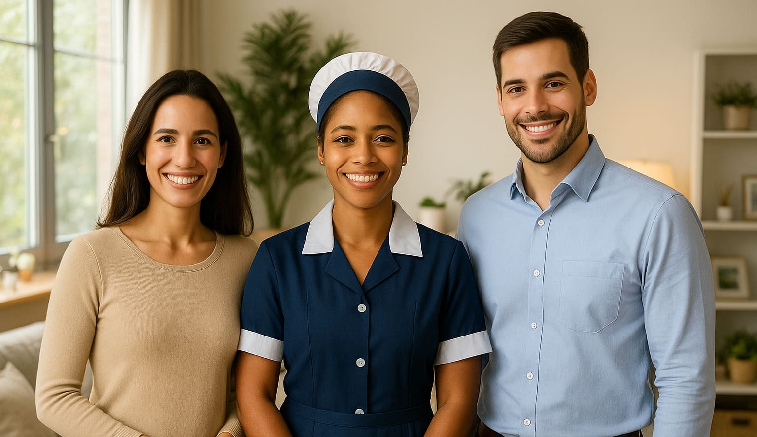 [Imagem de dois patrões e uma empregada em uma sala sorrindo]