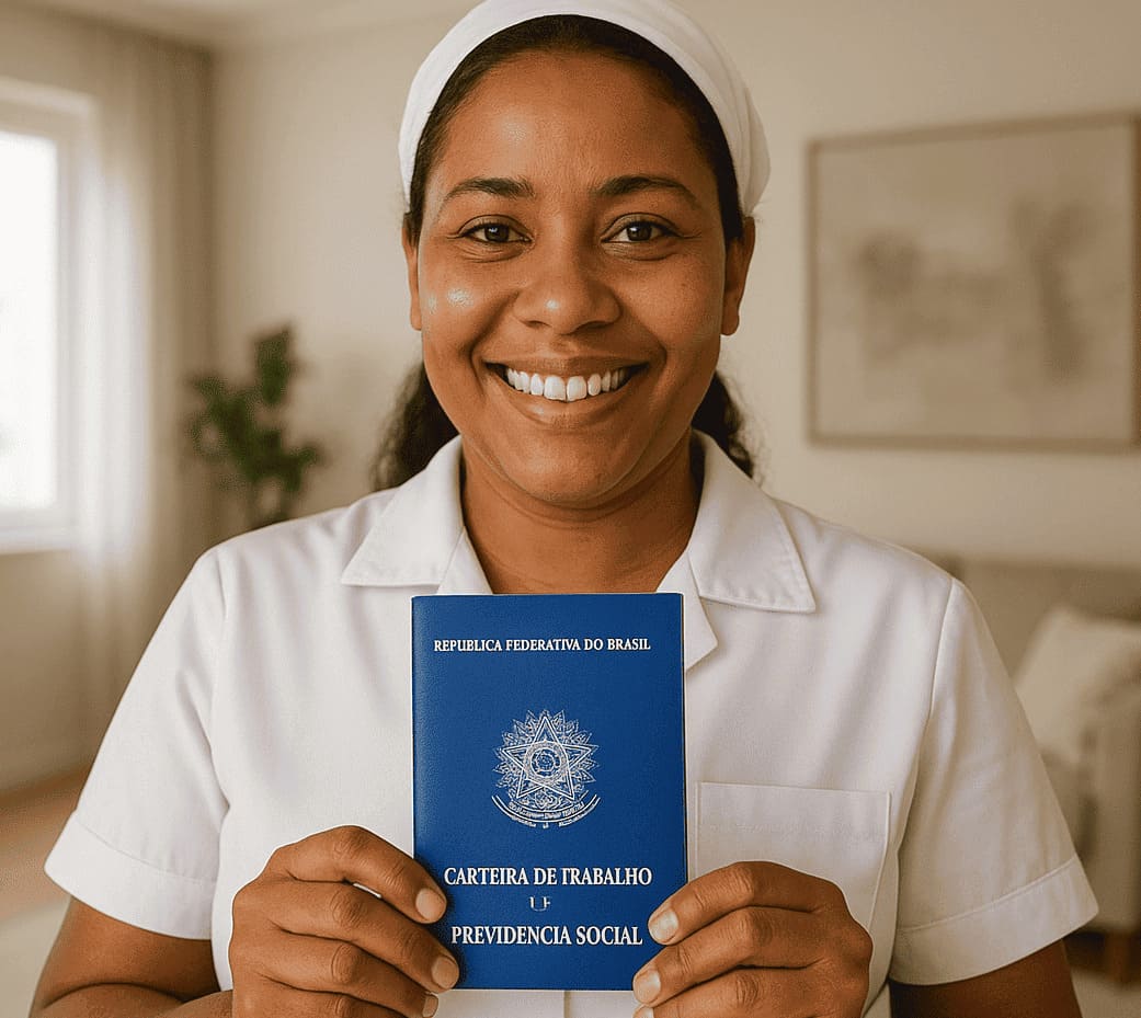 [Imagem de uma empregada doméwstica segurando a carteira de trabalho]