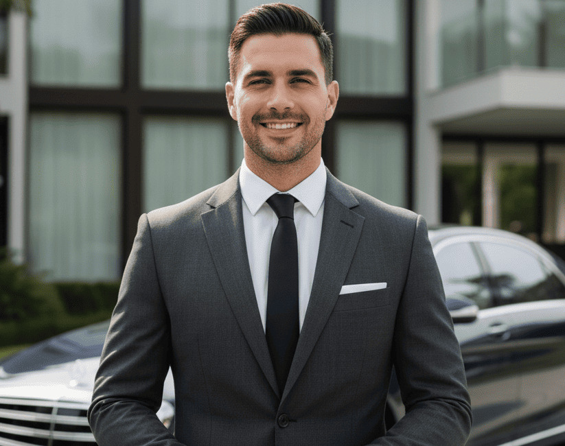 [Imagem de um motorista particular ao lado de um carro executivo]