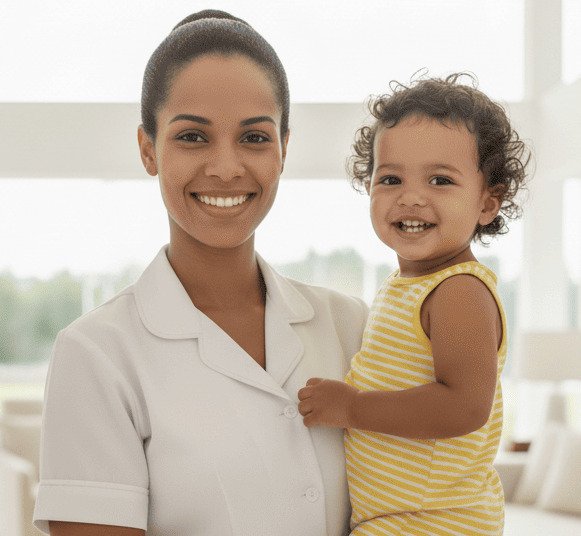 [Imagem de uma babá cuidando de um bebê]