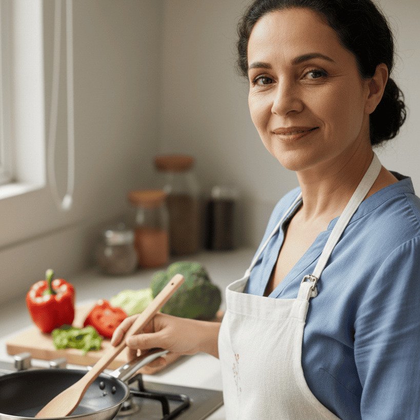 [Imagem de uma cozinheira preparando alimentos]